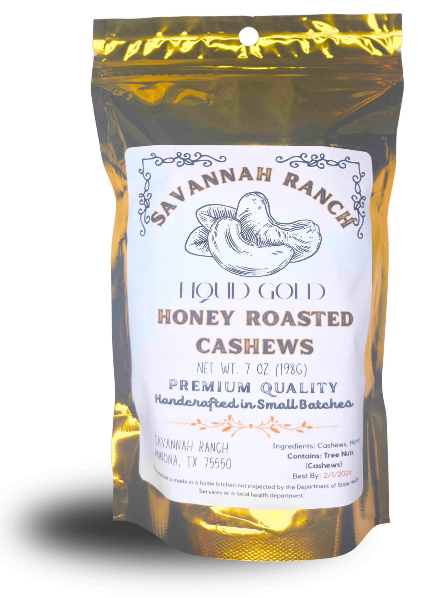 Liquid Gold honey roasted cashews snack bag