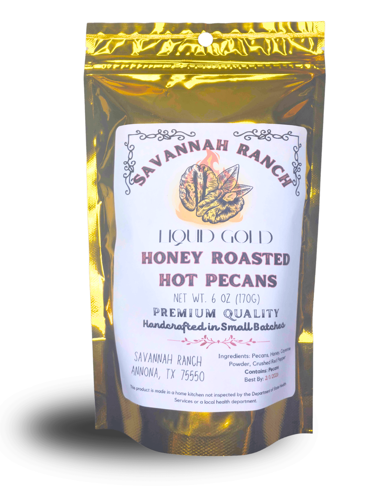 Liquid Gold hot honey pecans snack bag