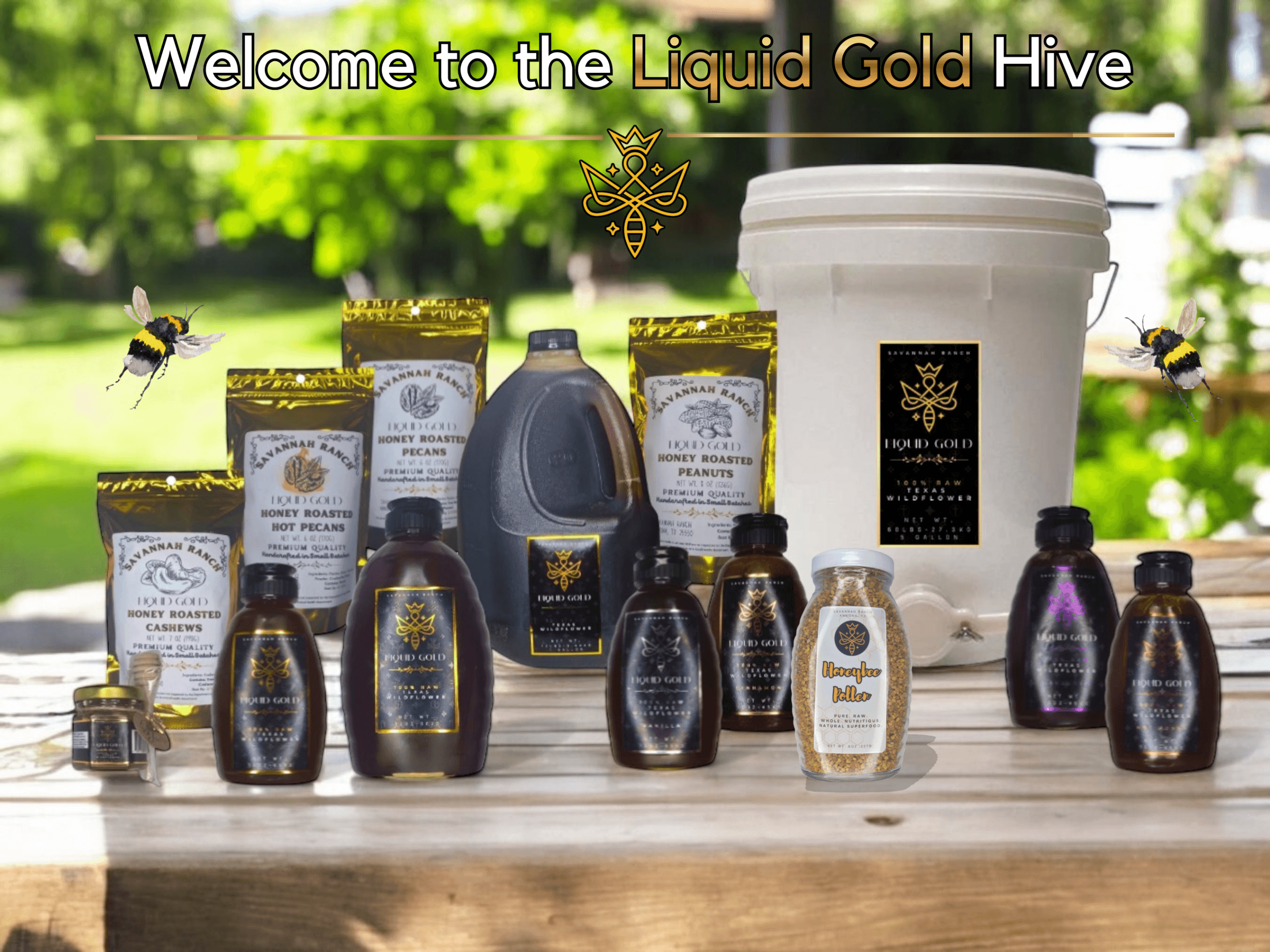 Liquid Gold raw Texas honey bottles and honey products from Savannah Ranch